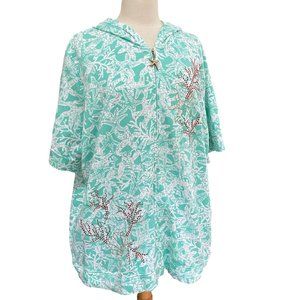 Quacker Factory Coastal Beach Starfish Rhinestone Zip Coverup Lounge Hoodie-2X